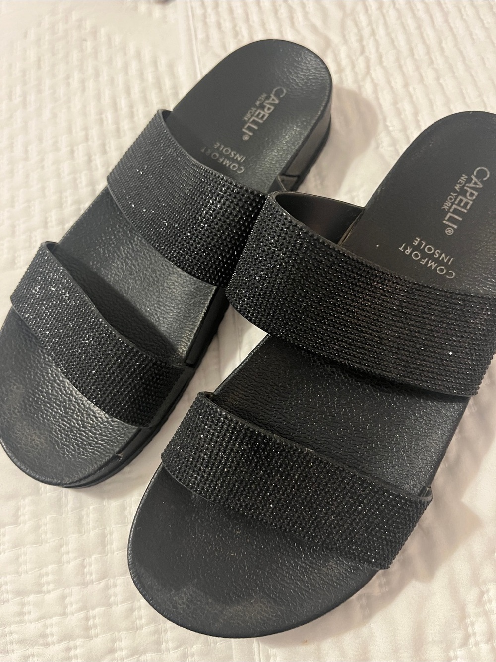 Capelli of New York Black Sparkle Double-Strap Slide Sandals
